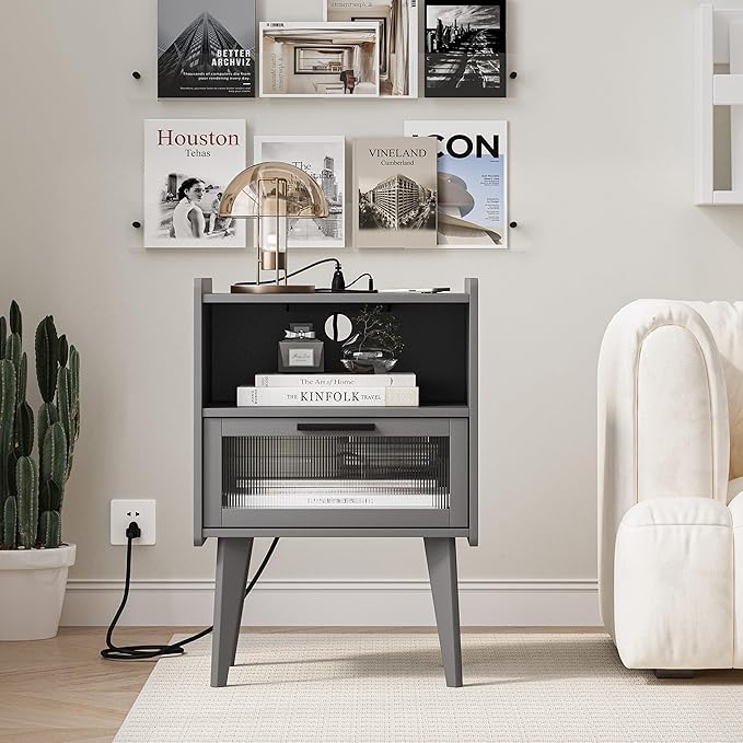 MMEOLUOOK Nightstand with Charging Station, Bedside Tables Grey End Table Side Table with 2 Tiers Storage Space, for Bedroom Living Room CAMLBZ07ZE