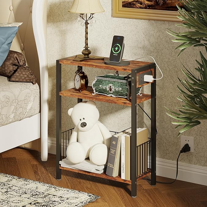 TRIFEBLE Narrow Side Table with Charging Station, Small End Table for Small Spaces, Slim Nightstand with Storage Basket, 3 Tier Skinny Bedside Table for Living Room, Bedroom, Rustic Brown