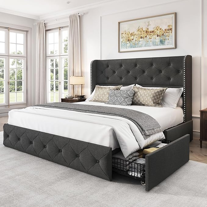 LARMACE Full Size Bed Frame with 4 Storage Drawers and 47.2" Tall Wingback Headboard Linen Upholstered Platform Bed Frame Tufted Beds with Wooden Slats Support, Easy Assembly, Dark Grey