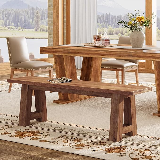 Solid Wood Dining Bench with A-Shaped Legs, 55.12-Inch Farmhouse Entryway Bench Indoor for Hallway, Kitchen, Dining Room, Living Room (Brown)