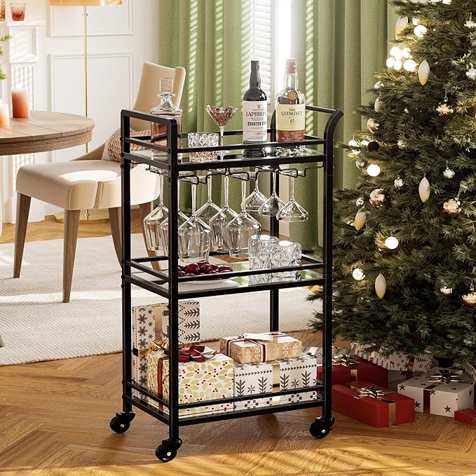 Black Small Bar Cart with 3-Tier Mirrored Shelf, Glass Holders for Kitchen, Dining Room, Living Room - Drink Cart on Wheels with Wine Glass Rack