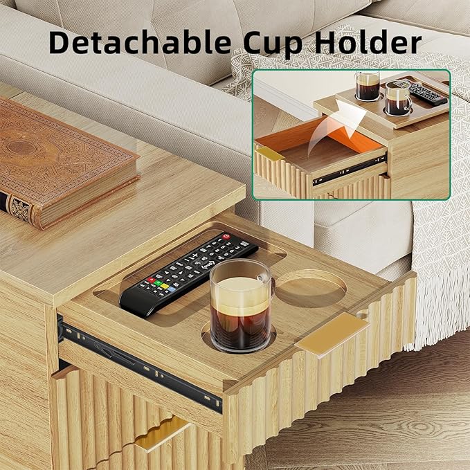 Kalrin Charging Nightstand with Hidden Outlets & 3 Drawers, Modern End Table, Bedside Table with USB Ports, Wave Groove Design, Compact Size, Heavy Duty Engineered Wood, Natural Wood Color