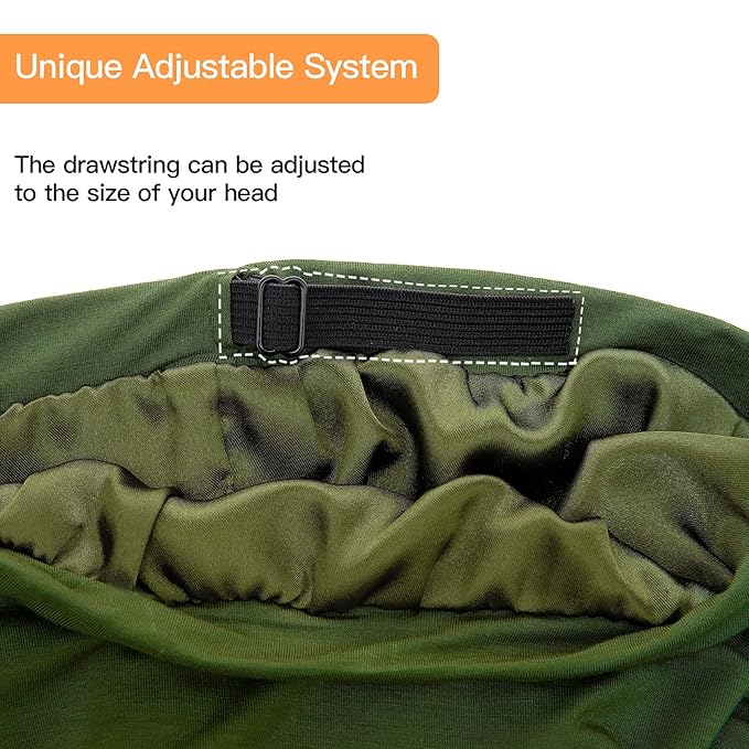 Silk Satin Lined Bonnet Sleep Cap - Adjustable Stay on All Night Hair Wrap Cover Slouchy Beanie for Curly Hair Protection for Women and Men - Solid Olive Green