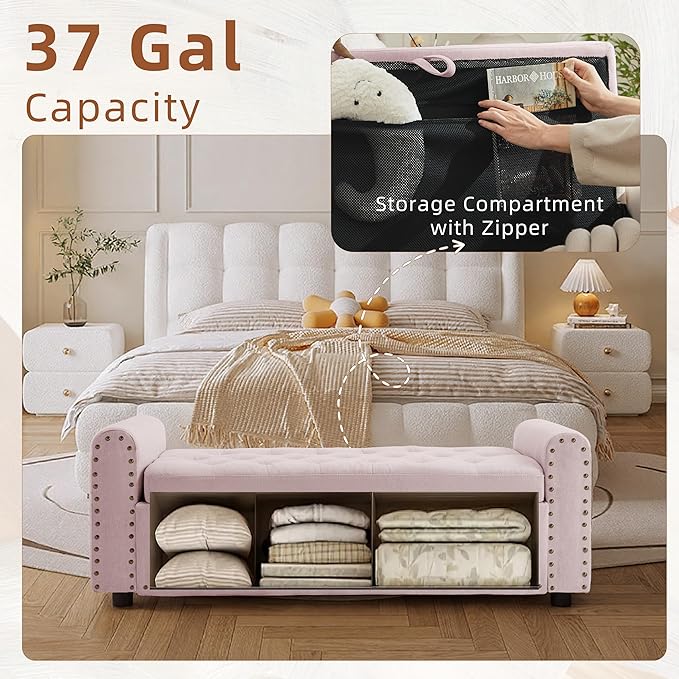 48" Ottoman with Storage, Tufted Storage Ottoman Bench, Convenient Living Room Fabrics Bench Seat, Entryway Shoe Benches with Inner Zipper & Arm, Upholstered Window Seat Ottomans with Rivets,Pink