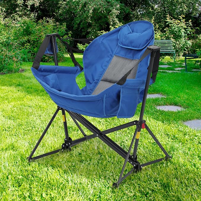 Ainfox Hammock Camping Chair, Foldable Portable Rocking Chairs for Adults Outside Swinging Camp with Cup Holder Pillow for Outdoor Patio Poolside (Blue)