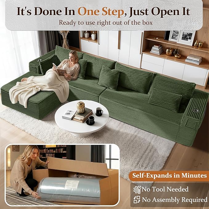 138" Cloud Sectional Couch, Comfort L Shaped Boneless Couch for Living Room, Extra Deep Seats No Assembly, Minimalist Modular Sofa, Corduroy (Olive Green, 3 Seater+Left Facing Chaise)