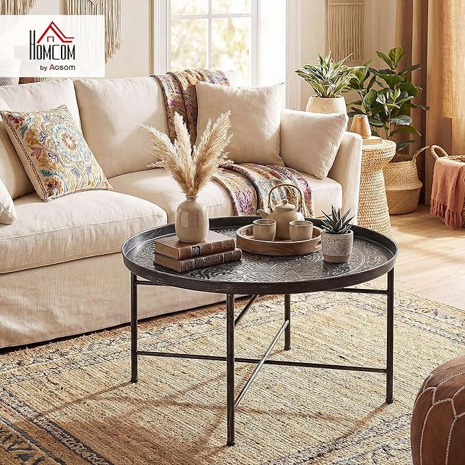 HOMCOM 24" Round Coffee Table with Hammered Tray Top, Vintage Metal Center Table for Living Room, Bedroom, Side Table, Pewter
