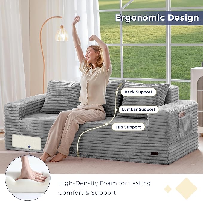 MAXYOYO Loveseat Sofa Bed, Striped Faux Fur Foldable Floor Sofa Couch in A Box, 4 in 1 Convertible Boneless Couch with 2 Cup Holders, Folding Recliner Sleeper Chair, No Assembly Required, Grey
