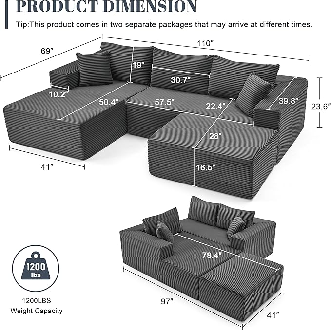 Mangodan 110” Cloud Sectional Couch, Modular Sectional Sofa with Deep Seat, Boneless Sofa for Living Room, Fluffy Comfy U-Shaped Couch with Left Facing Chaise, No Assembly Required, Grey