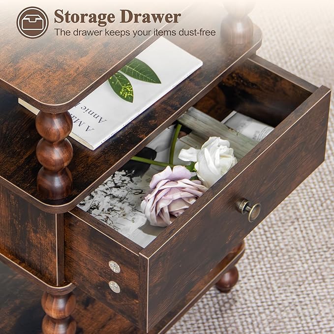 AWASEN Night Stand, Bed Side Table Bedroom with Drawer, 3-Tier Small Nightstand End Table with Storage for Small Spaces &Solid Wood Spindle Legs, Rustic Brown