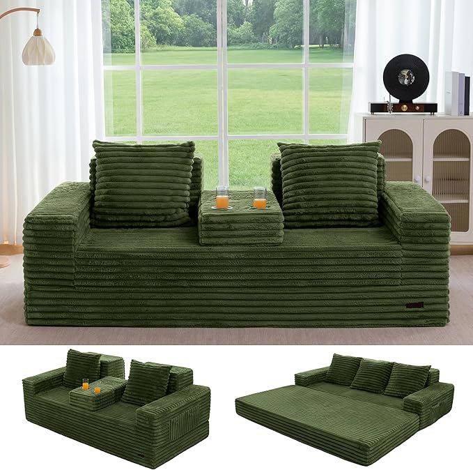 MAXYOYO Loveseat Sofa Bed, Striped Faux Fur Foldable Floor Sofa Couch in A Box, 4 in 1 Convertible Boneless Couch with 2 Cup Holders, Folding Recliner Sleeper Chair, No Assembly Required, Pine Green