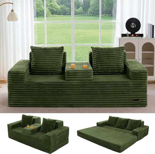 MAXYOYO Loveseat Sofa Bed, Striped Faux Fur Foldable Floor Sofa Couch in A Box, 4 in 1 Convertible Boneless Couch with 2 Cup Holders, Folding Recliner Sleeper Chair, No Assembly Required, Pine Green