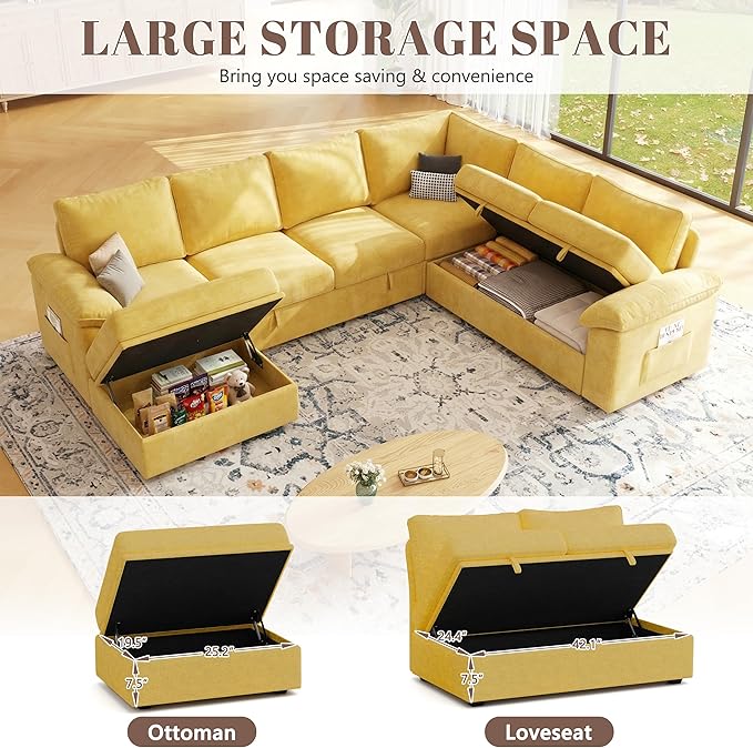 108 Inch Modular Sectional Sofa with Pull Out Bed,U Shaped 7 Seat Sectional Sleeper Sofa with Storage,Sectional Couches for Living Room,Cloud Modular Couch,Removable Sofa Cover,Yellow