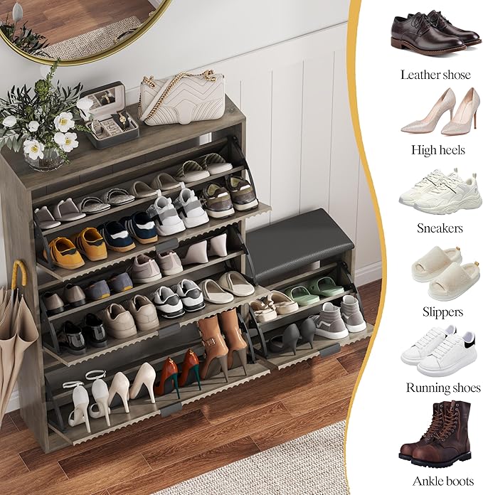 HUANLEGO Shoe Cabinet Storage for Entryway with 4 Flip Drawers, Grey Fluted Shoe Cabinet with Bench, Wooden Hidden Shoe Rack Freestanding Narrow Slim Shoes Storage Organizer for Hallway, Entrance