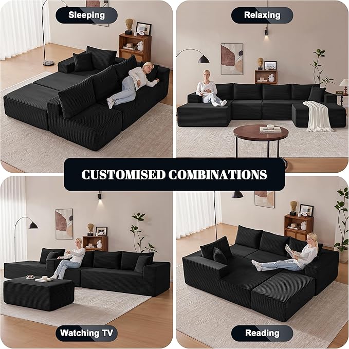 Mangodan 140” Cloud Sectional Couch, Boneless Sofa for Living Room, Modular Sectional Sofa with Deep Seat, Comfy Fluffy U-Shaped Couch with Right-Facing Chaise, No Assembly Required, Black