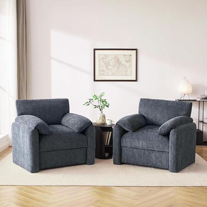 Howjoe Chenille Oversized Armchair, 38.6" Wide Accent Chairs for Living Room & Bedroom Modern Lounge Chair, Upholstered Mid-Century Reading Chair, Comfy Living Room Chair, Single Sofa Chair, Blue