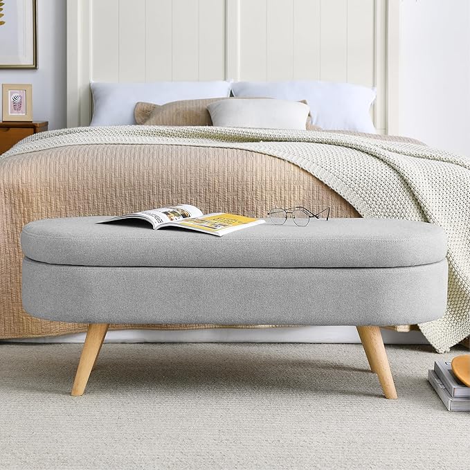43.5" Ottoman with Storage, Storage Ottoman Bench with Safety Hinge, Linen End of Bed Bench, Upholstered Entryway Bench for Bedroom, Living Room & Window, Holds up to 330 lb, Grey