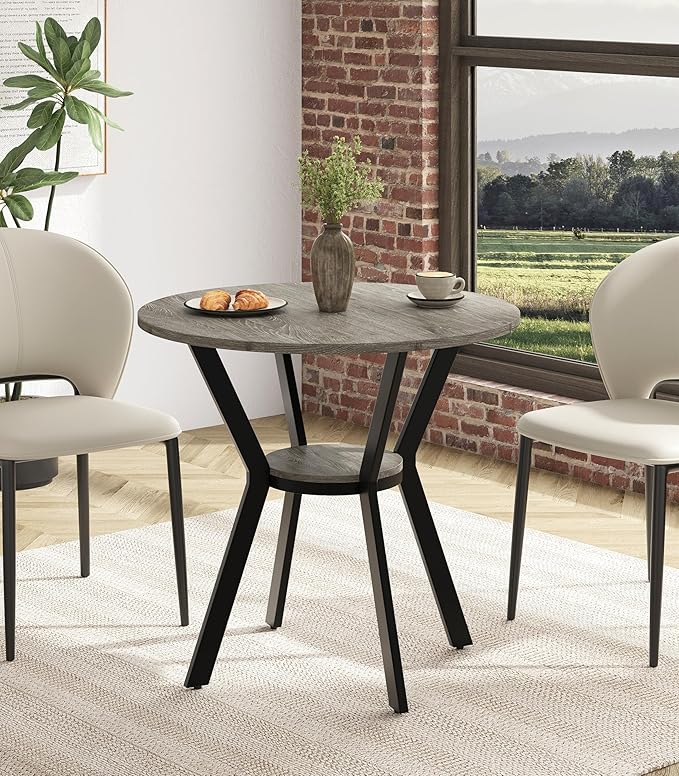 MECHYIN Round Dining Table for 2–4,31.5" Small Kitchen Table with Storage, Rustic Wood Table with Metal Legs, Space Saving Dining Table for Kitchen, Office, Dining Room, Apartment or Studio