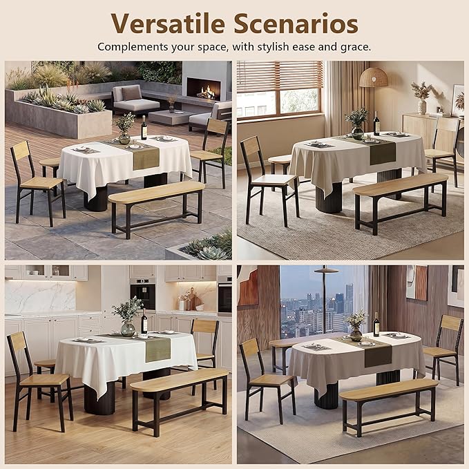 Feonase Dining Chairs and Benches Set of 4, Modern Dining Room Chairs with Ergonomic Backrest, Wood Structure & Metal Legs, for Kitchen, Dining Room, Space-Saving, Easy to Assemble & Clean, Natural