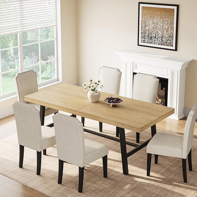 GarveeHome Industrial Dining Table for 6-8 People, 78.7" Long Large Kitchen Table with Sturdy Metal Frame, Rectangular Counter for Dinner, Kitchen, Dining Room (Natural, 79" Non-extendable)