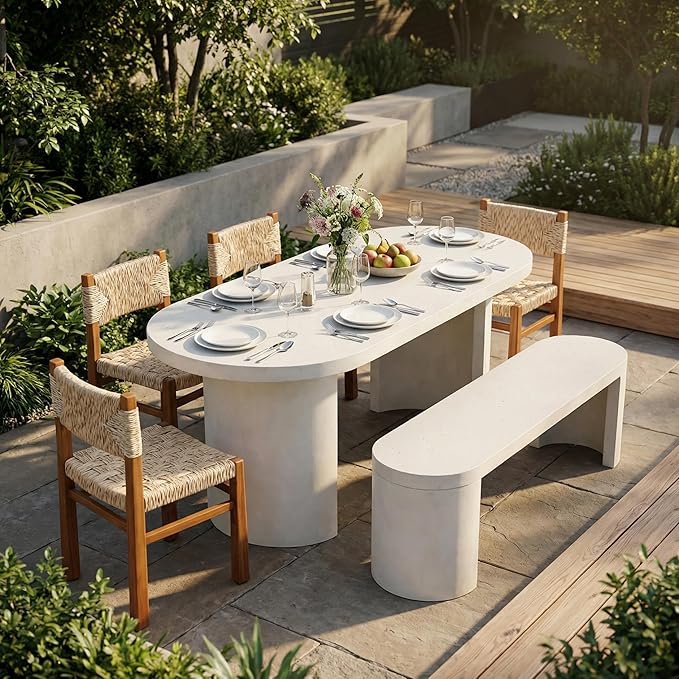 Christopher Knight Home Duro 6-Piece Outdoor Dining Set, Terrazzo Concrete Dining Table and Bench with 4 Acacia Wood Wicker Chairs, Patio Dining Table Set for Garden/Backyard, Light Grey+Teak+White