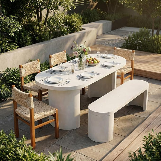 Christopher Knight Home Duro 6-Piece Outdoor Dining Set, Terrazzo Concrete Dining Table and Bench with 4 Acacia Wood Wicker Chairs, Patio Dining Table Set for Garden/Backyard, Light Grey+Teak+White