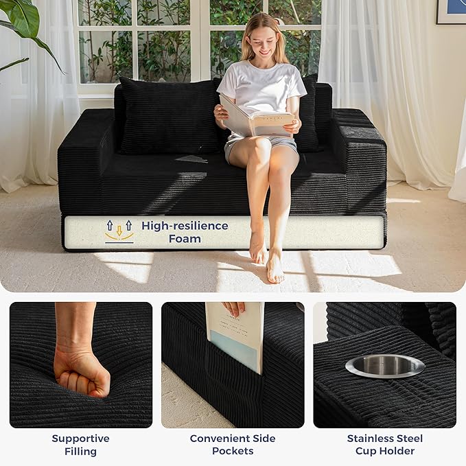 MAXYOYO Loveseat Sofa Bed, 64" Foldable Floor Sofa Couch in A Box with 2 Cup Holders, 4 in 1 Convertible Boneless Couch Folding Recliner Sleeper Chair for Living Room, No Assembly Required, Black