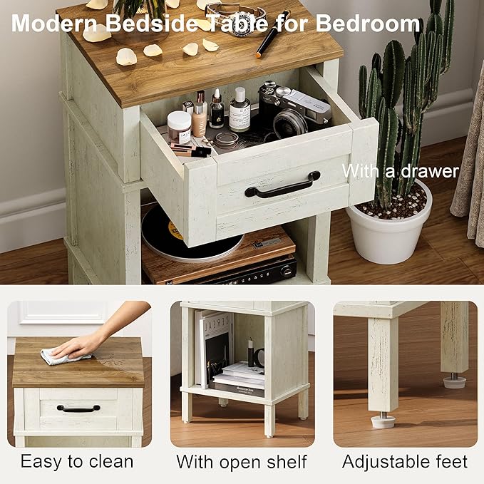 White Farmhouse Nightstand with Drawer, Small Wooden Bedside Table, White End Table, Bedroom Side Table with Storage, Rustic Wood Night Stand LET512WR