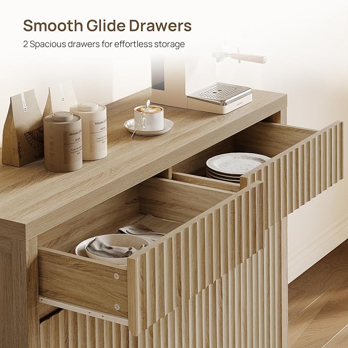 SICOTAS Fluted Sideboard Buffet Cabinet with Storage – Extra Large Credenza Accent Cabinet with 2 Drawers and 3 Doors, 84" Modern Entryway Cabinet Console with Adjustable Shelves for Living Room