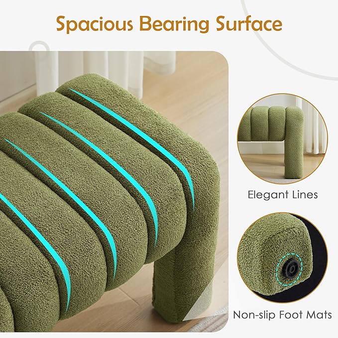 43.3" Dining Room Bench, Green Tufted Upholstered End of Bed Bench, Modern Entryway Ottoman Window Seat with Solid Wood Legs and Padded Seat for Bedroom, Hallway and Living Room (Boucle)