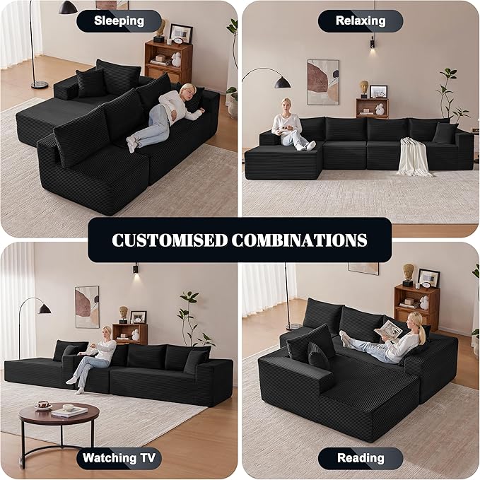 Mangodan 140” Cloud Sectional Couch, Boneless Sofa for Living Room, Modular Sectional Sofa with Deep Seat, Comfy Fluffy L-Shaped Couch with Right-Facing Chaise, No Assembly Required, Black