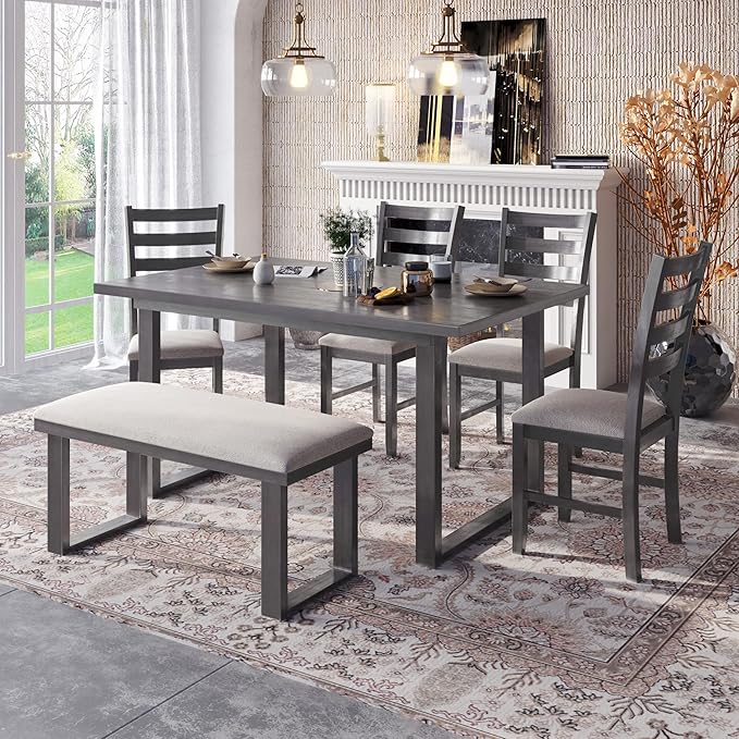 Harper & Bright Designs 6 Piece Kitchen Dining Table Set Wooden Rectangular Dining Table Set for 6, Solid Wood Dining Room Set with Rectangular Table & 4 Chairs with Bench(Gray) ST000055AAE-MZJ