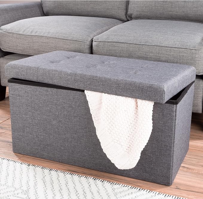 Lavish Home Folding Storage Ottoman - Set of 2 30-Inch Folding Tufted Footrest, Linen Chest, or Bench with Removable Bin for Living Room, Bedroom, or Dorm (Dark Gray)