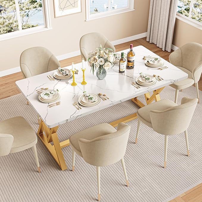 IRONCK 63" Dining Table for 4-6, Modern Rectangular Kitchen Table with Sturdy Metal Frame & Geometric Legs for Dining Room, Easy Clean-Faux Marble Color