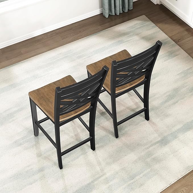 Lexicon 5 Piece Counter Height Dining Set for 4 - Acacia Veneer Wood Table Round with Storage Shelf and Cross Back Chairs, Dining Room Small Kitchen Table Set for 4, Two-Tone Finish (Brown and Black)