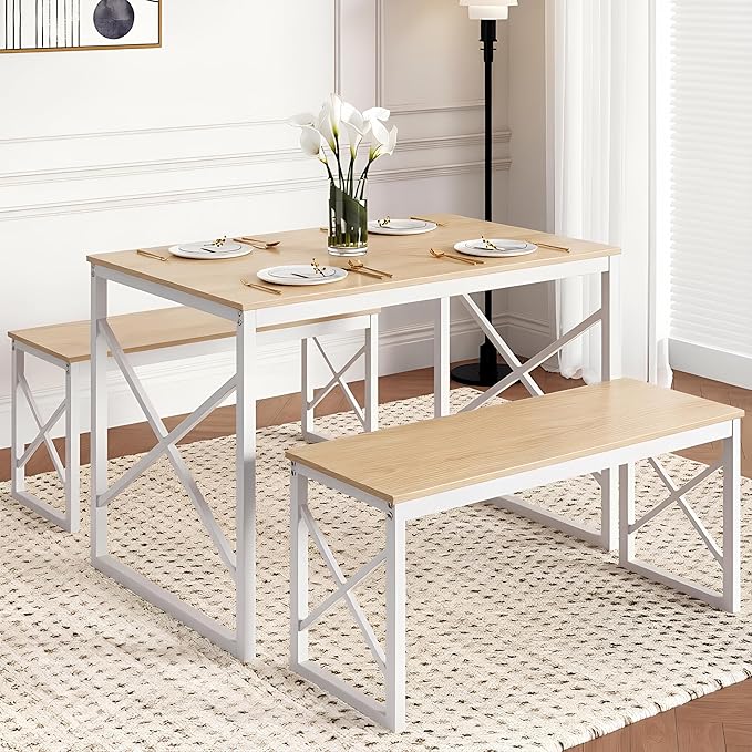 VECELO 43.3" Kitchen Dining Table Set for 4, Heavy-Duty Steel Frame & Wood-Grain Tabletop, Space-Saving Dinette Sets with 2 Benches for Breakfast Nook and Small Space, Natural