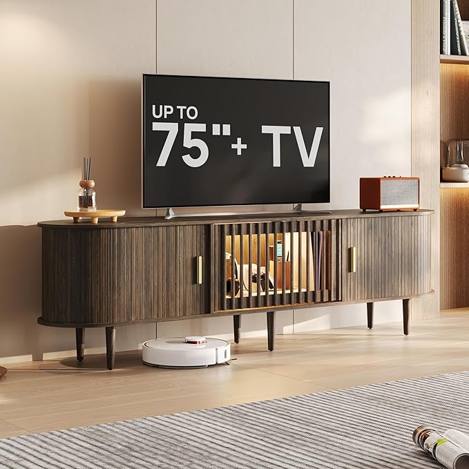70" Fluted Mid Century Modern TV Stand for TVs Up to 75", Tambour Sliding Doors Entertainment Center with Storage&LED, Curved Media&TV Console Long TV Stands for Living Room Bedroom, Walnut