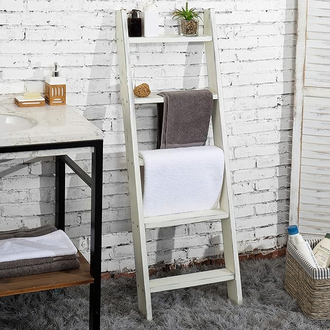 MyGift Large Whitewashed Wood Ladder Blanket Ladder, Farmhouse Style Wall Leaning Towel Rack with 5 Rungs (Vintage White)