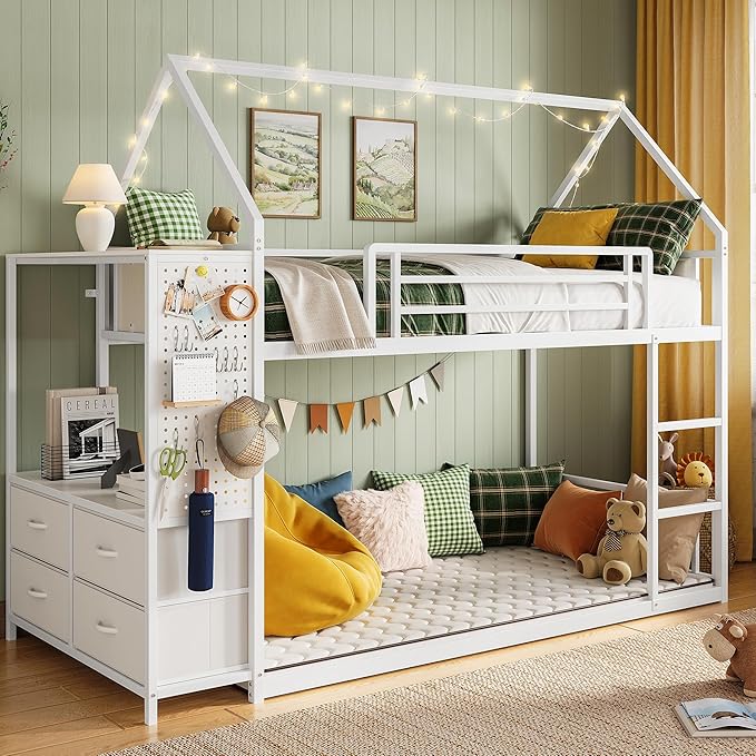 LIKIMIO Bunk Bed Twin Over Twin, House Bed Frame with 6 Storage Drawers,Hall Tree, Twin Bed with Metal Slats for Dormitory and Bedroom, Space Saving, No Box Spring Needed, White