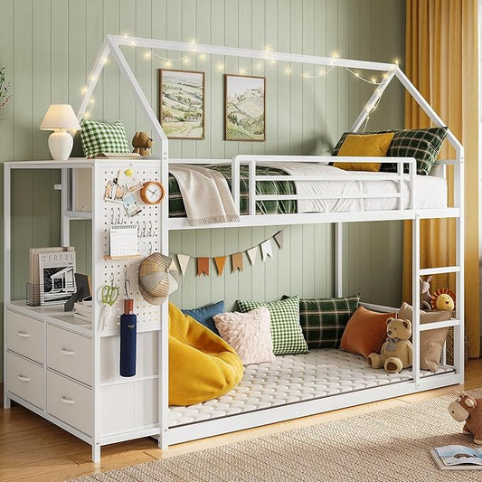 LIKIMIO Bunk Bed Twin Over Twin, House Bed Frame with 6 Storage Drawers,Hall Tree, Twin Bed with Metal Slats for Dormitory and Bedroom, Space Saving, No Box Spring Needed, White