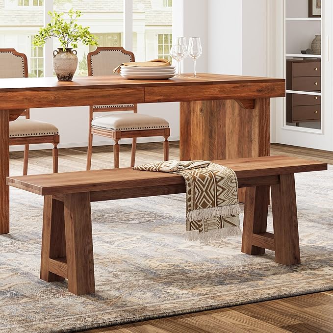 Solid Wood Dining Bench with A-Shaped Legs, 55.12-Inch Farmhouse Entryway Bench Indoor for Hallway, Kitchen, Dining Room, Living Room (Brown)