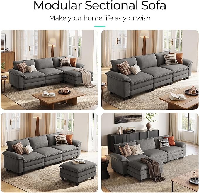 LINSY HOME 123" Modular L-Shaped Sectional Sofa, 3-Seat Corduroy Modern Cloud Couch with Deep Seat & 1 Movable Ottoman, Perfect for Living Room, Office, Bedroom, Grey