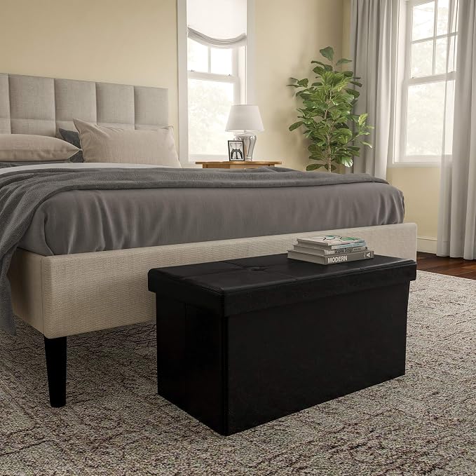 Storage Ottoman - 30-Inch Folding Faux Leather Footrest, Linen Chest, or Bench with Removable Bin for Living Room or Bedroom by Lavish Home (Black)