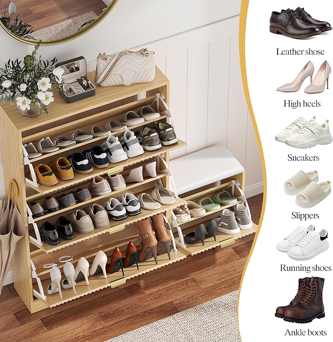 HUANLEGO Shoe Cabinet Storage for Entryway with 4 Flip Drawers, Oak Fluted Shoe Cabinet with Bench, Wooden Hidden Shoe Rack Freestanding Narrow Slim Shoes Storage Organizer for Hallway, Entrance