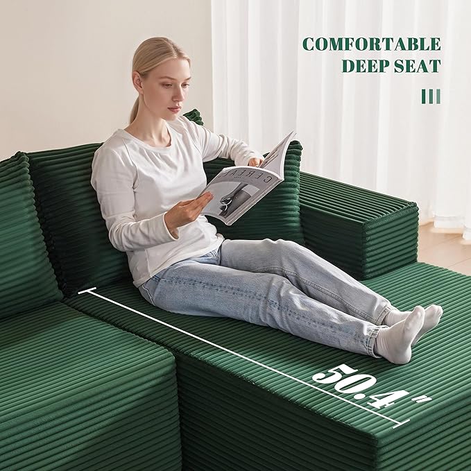 Mangodan 110” Cloud Sectional Couch, Boneless Sofa for Living Room, Modular Sectional Sofa with Deep Seat, Comfy Fluffy U-Shaped Couch with Right-Facing Chaise, No Assembly Required, Green