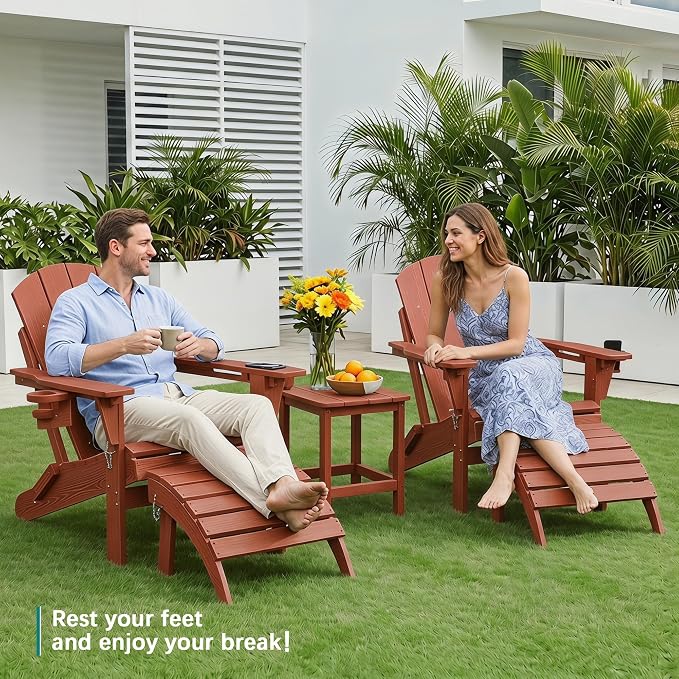 PLUUV Folding Adirondack Ottoman Footrest, All-Weather HDPE Outdoor Footstool for Adirondack Chair, Foldable Ottoman for Patio Backyard Pool Deck, Reddish