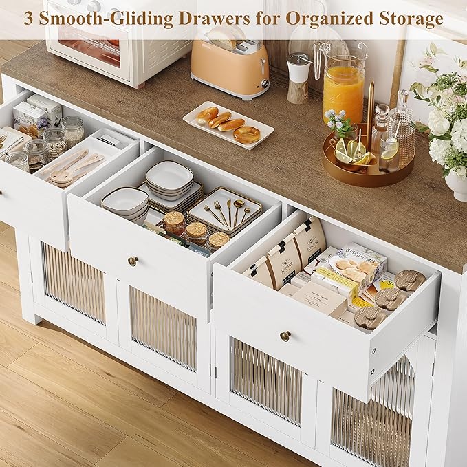 FINETONES Buffet Cabinet with Storage, 55.1" Large Sideboard Buffet Cabinet, Farmhouse Kitchen Cabinets with 3 Drawers and 4 Doors, Wood Coffee Bar for Kitchen Dining Room, White