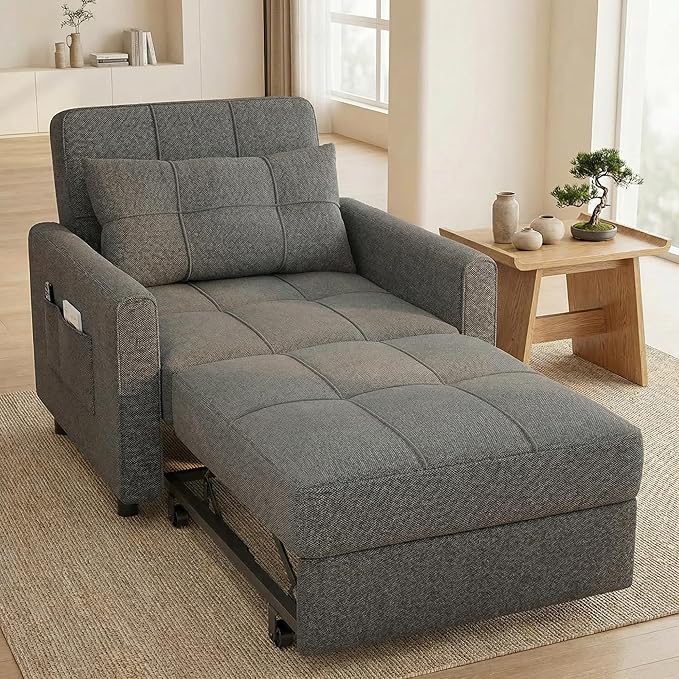 Gizoon Sofa Bed Chair 3 in 1 Convertible, Pullout Single Sleeper Chair Bed with Adjustable Backrest, Spacious Multifunctional Sofa Couches for Living Room, Bedroom, Apartment
