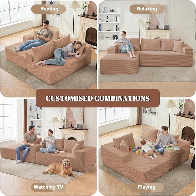 Mangodan 110” Cloud Sectional Couch, Modular Sectional Sofa for Living Room, Boneless Sofa with Deep Seat, Comfy Fluffy Couch with L-Shaped Chaise, No Assembly Required (Left-Facing Chaise, Camel)