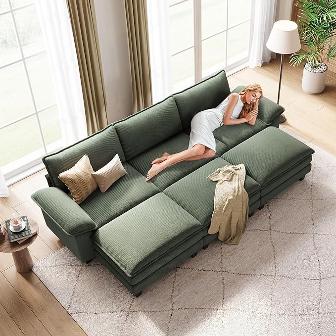 LINSY HOME 123" Modular Sectional Sofa, 3-Seat Corduroy Modern Cloud Couch with Deep Seat & 3 Movable Ottoman, Perfect for Living Room, Office, Bedroom, Green
